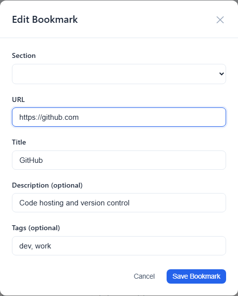 Edit Bookmark modal