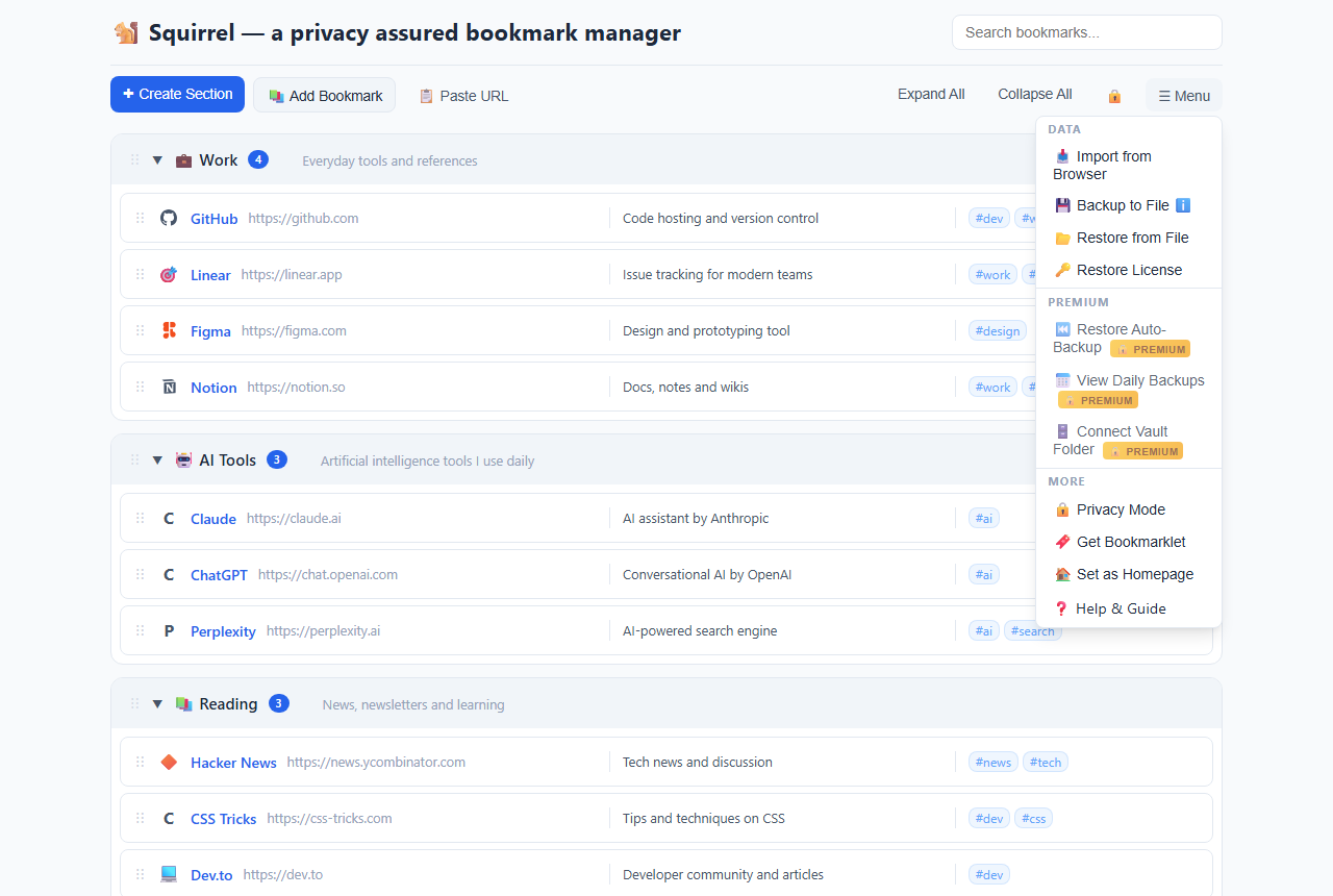 Menu open showing backup options