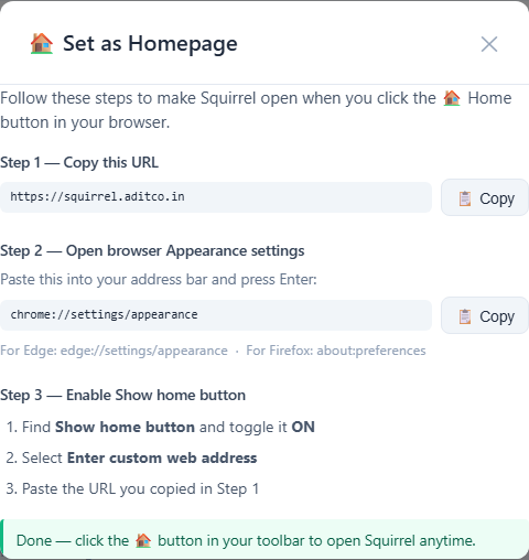 Set as Homepage modal